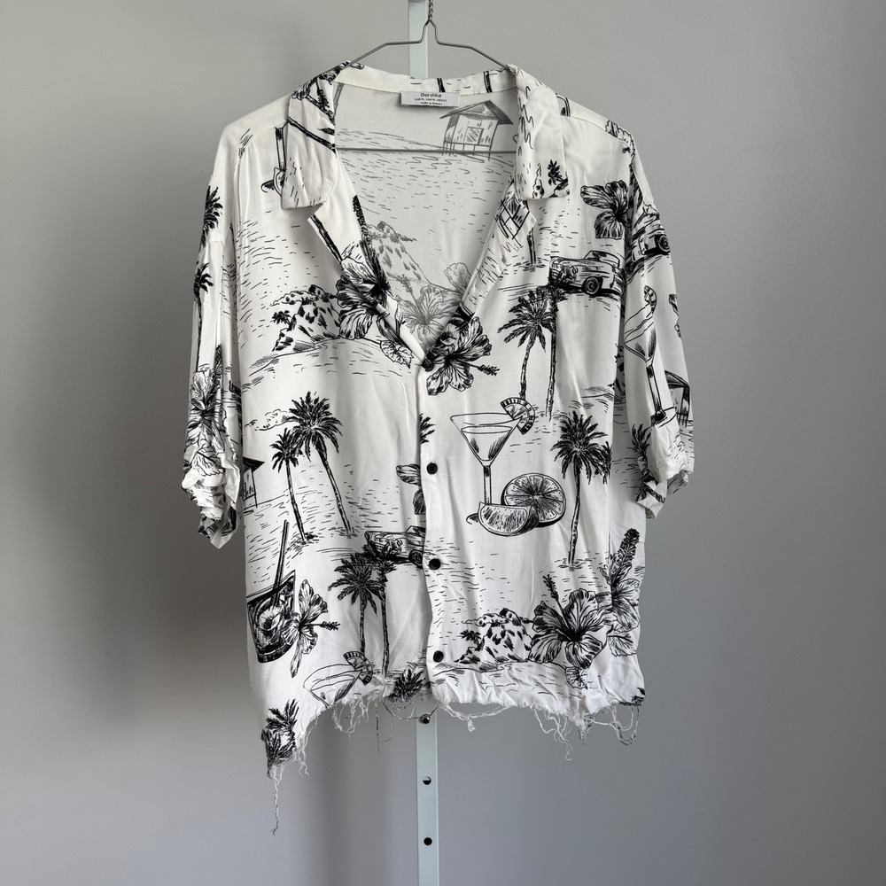 Bershka‎ Viscose Tropical Beach Coastal Raw Hem Frayed Resort Shirt XL White
